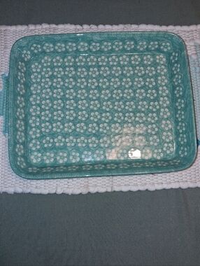 POLISH POTTERY HANDMADE TURQUOISE BLOSSOM RECTANGLE BAKER